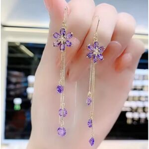 Long Purple Flower Tassel Dangle Earrings 3.11"